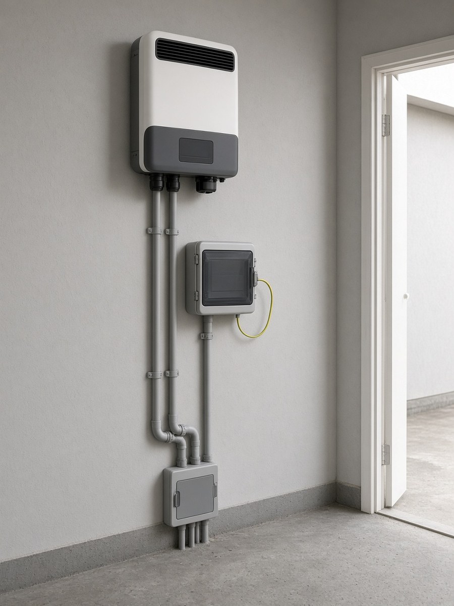 Parede de garagem com inversor fotovoltaico, string box e eletrodutos organizados em linha reta até um quadro pequeno, com cabo de aterramento verde-amarelo visível