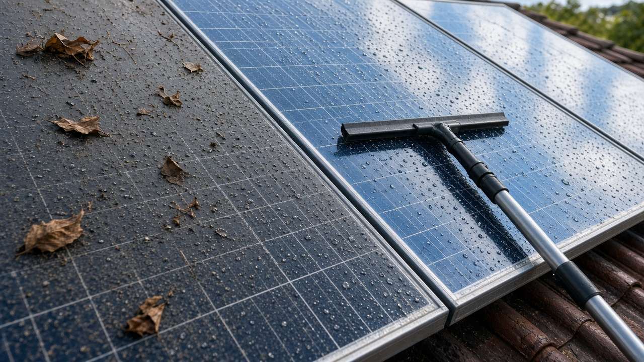 Módulo fotovoltaico visto de perto, metade coberta de poeira e folhas secas e metade limpa refletindo o céu, com rodo de cabo telescópico apoiado na borda