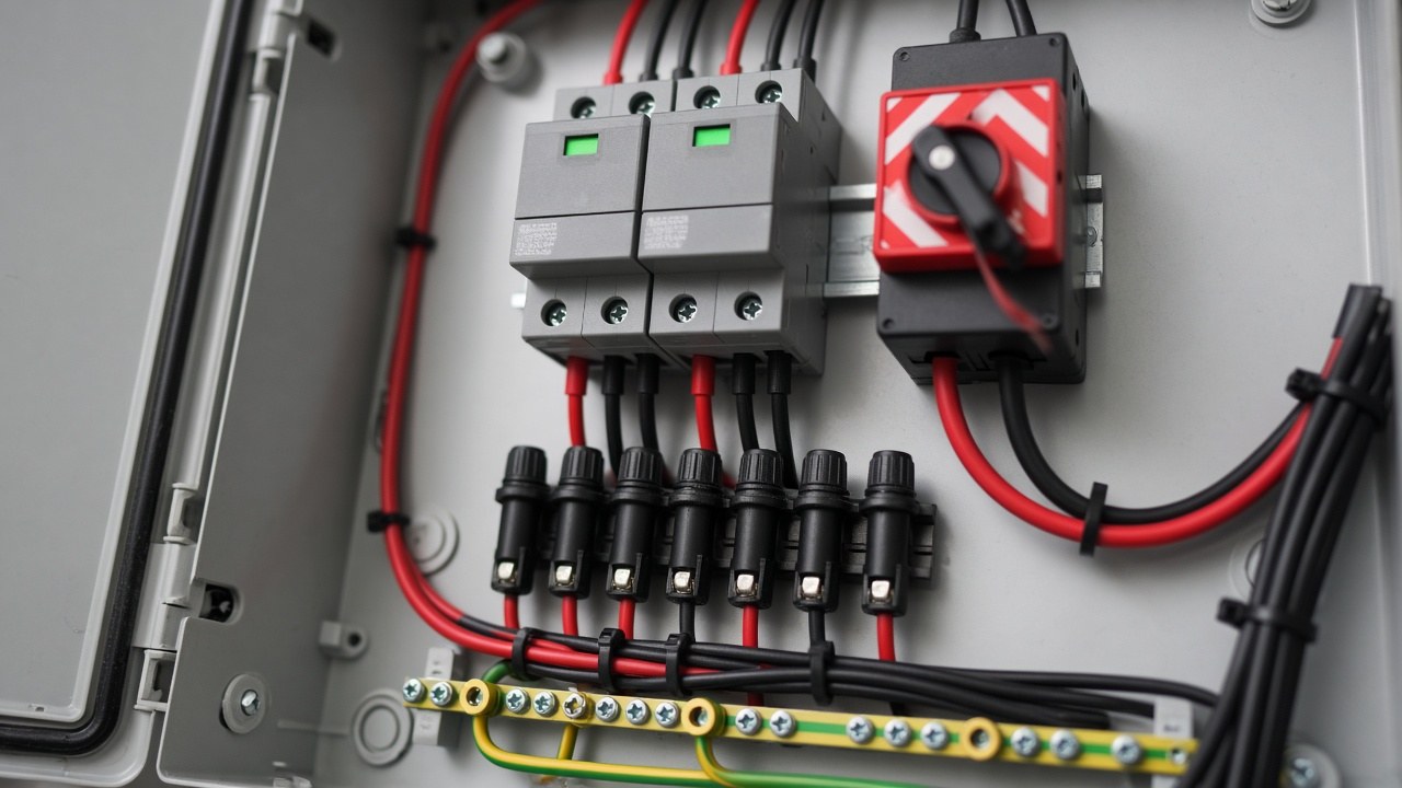 Interior de uma string box aberta com dois dispositivos de proteção contra surtos, chave seccionadora vermelha, porta-fusíveis e barramento de aterramento verde-amarelo