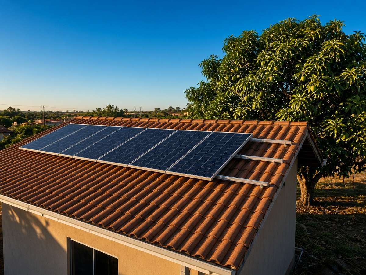 Telhado de casa térrea com telhas cerâmicas e fileira de módulos fotovoltaicos sobre perfis de alumínio, com dois perfis ainda vazios aguardando módulos, ao fim da tarde